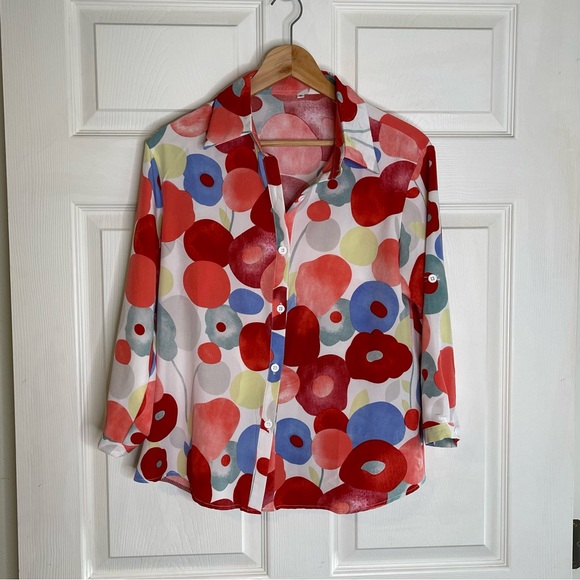 unknown Tops - Abstract Red and Blue Button Down Shirt art to wear